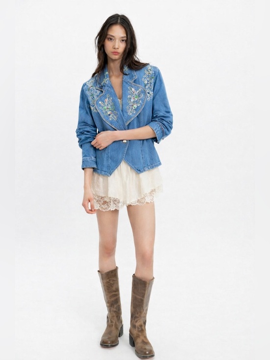 unbranded Jackets & Blazers - Embroidered Blue Denim Jacket with Floral Detail